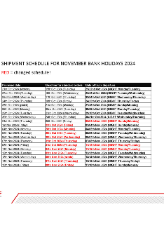 SHIPMENT SCHEDULE FOR NOVEMBER BANK HOLIDAYS 2024